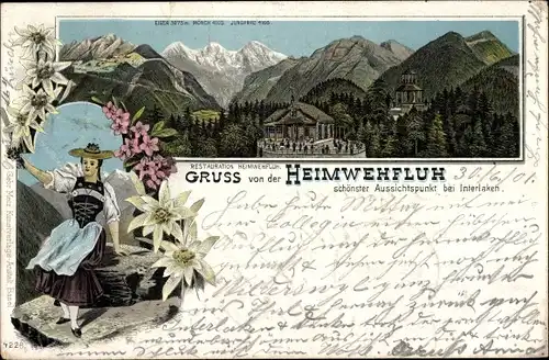 Litho Interlaken Kt. Bern Schweiz, Restaurant Heimwehfluh, Frau in Tracht, Edelweiß