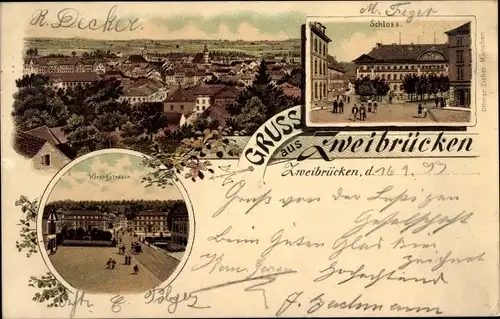 Litho Zweibrücken in der Pfalz, Gesamtansicht, Schloss, Herzogstraße
