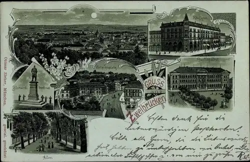 Mondschein Litho Zweibrücken in der Pfalz, Kaufhaus, Justizpalast, Allee, Herzogsplatz