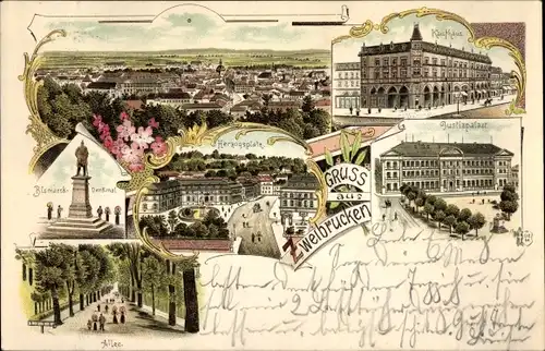 Litho Zweibrücken in der Pfalz, Justizpalast, Kaufhaus, Herzogsplatz, Bismarck Denkmal