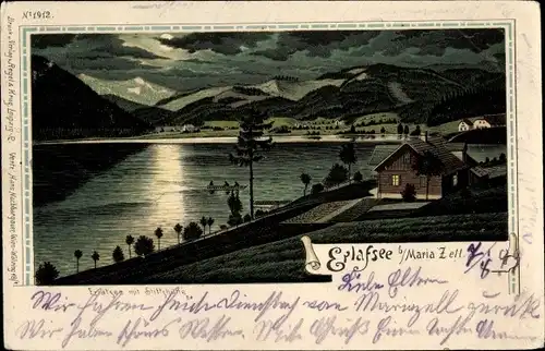 Mondschein Litho Mariazell Steiermark, Erlafsee, Erlaufsee, Stiftskirche