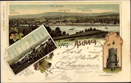 Litho Aschach an der Donau Oberösterreich, Panorama, Landshag, Mayrhoferberg Aussichtsturm