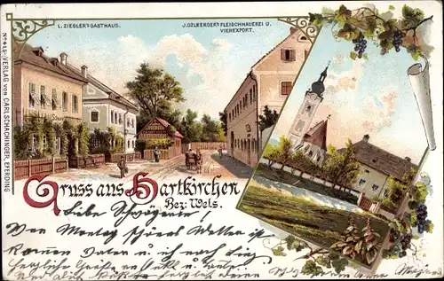 Litho Hartkirchen Oberösterreich, Gasthaus L. Ziegler, Fleischhauerei J. Ozlberger, Pfarrkirche