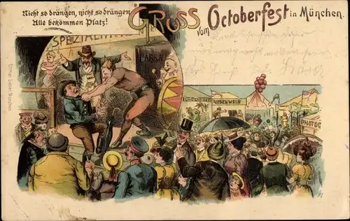 Litho München, Oktoberfest, Attraktionen, Nicht so drängen, alle bekommen Platz