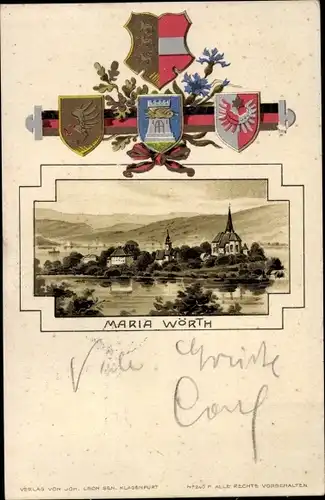 Wappen Passepartout Litho Maria Wörth am Wörthersee Kärnten, Panorama, Kirche