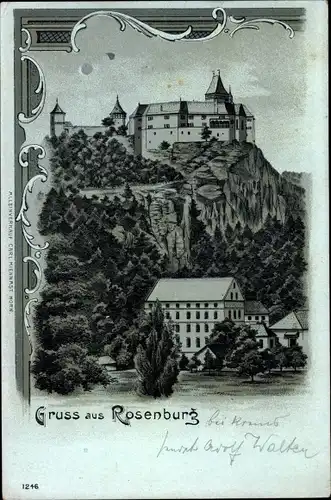 Mondschein Litho Rosenburg Mold in Niederösterreich, Schloss Rosenburg am Kamp