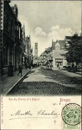 Ak Bruges Brügge Flandern Westflandern, Rue des Pierres et le Beffroi, Stengel 6620