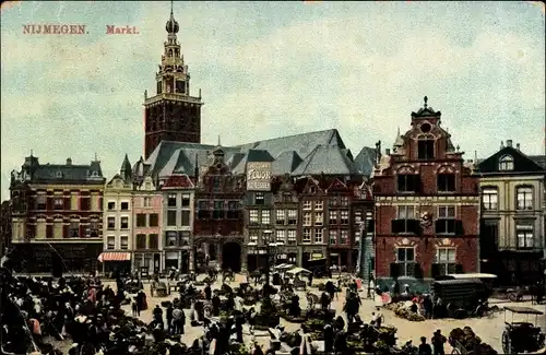 Ak Nijmegen Gelderland Niederlande, Marktplatz, Rathaus, Handelsstände