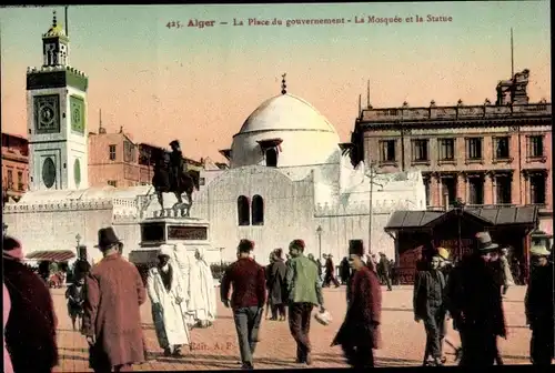 Ak Algier Alger Algerien, La Place du gouvernement, la Mosquée et la Statue