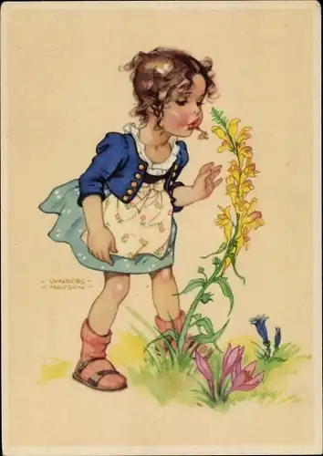 Künstler Ak Lungershausen, Ilse Wende, Mädchen riecht an Blumenblüten