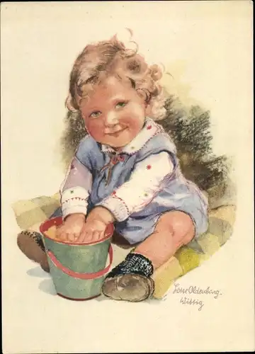 Künstler Ak Oldenburg Wittig, Lotte, Kinderportrait, Mädchen mit Sandeimer
