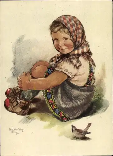 Künstler Ak Oldenburg Wittig, Lotte, Mädchen mit Kopftuch, Spatz