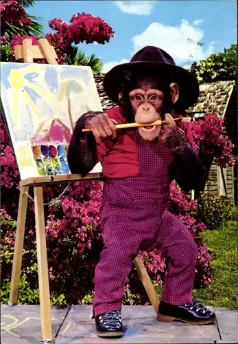 Ak Vermenschlichter Schimpanse als Maler, Staffelei