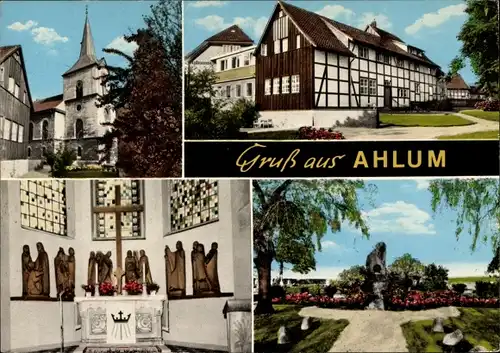 Ak Ahlum Wolfenbüttel in Niedersachsen, Denkmal, Fachwerkhaus, Kirche, Altar, Heiligenstatuen