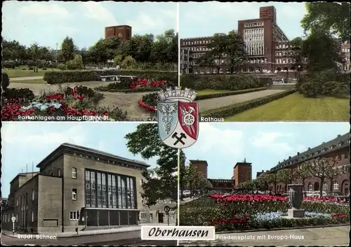 Ak Oberhausen im Ruhrgebiet, Friedensplatz mit Europa-Haus, Städt. Bühnen, Rathaus, Park, Wappen