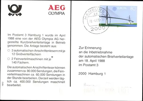 Ak Hamburg, Postamt 3, 2000 Hamburg 1, AEG Olympia AG Kurzbriefverteilanlage