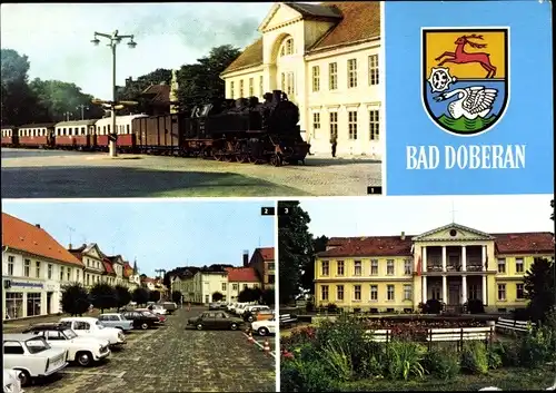 Ak Bad Doberan in Mecklenburg, Bahnhof, Bäderbahn Molli, Am Marktplatz, Moorbad, Wappen