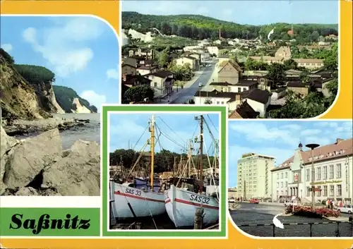 Ak Sassnitz auf Rügen. Kreideküste Hohes Ufer, Fischereihafen, Seemannsheim Jchn Schehr, Hotel