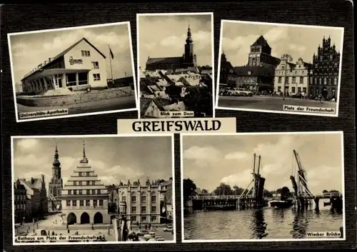 Ak Hansestadt Greifswald, Universitäts-Apotheke, Platz der Freundschaft, Wiecker Brücke, Rathaus