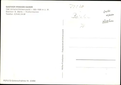 Ak Mitteltal Baiersbronn im Schwarzwald, Gasthof-Pension Kaiser, Außenansicht, Kurverwaltung