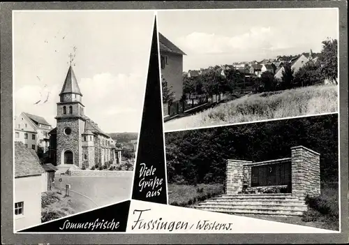 Ak Fussingen Waldbrunn im Westerwald, Kirche, Denkmal, Panorama