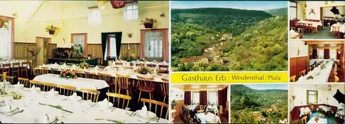 Klapp Ak Weidenthal in der Pfalz, Gasthaus Erb, Innenansichten, Ortspanorama