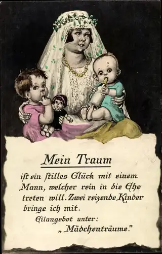 Ak Frau mit zwei Kindern, Mein Traum ist ein stilles Glück mit einem Mann..., Puppe