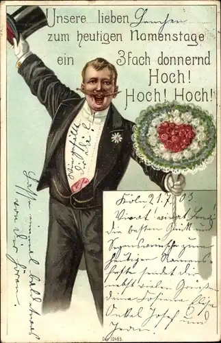 Litho Glückwunsch Namenstag, Mann mit Blumenstrauß, Anzug, Zylinder