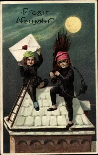 Präge Mondschein Ak Glückwunsch Neujahr, Schornsteinfeger, Hausdach, Brief