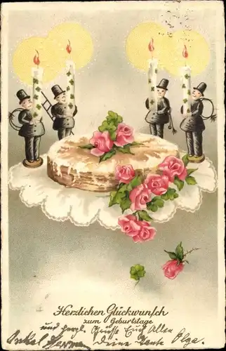 Ak Glückwunsch Geburtstag, Kuchen, Rosen, Schornsteinfeger, Kerzen