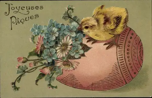 Präge Ak Glückwunsch Ostern, Küken, Osterei, Blumenstrauß
