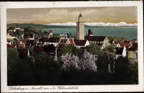 Ak Überlingen am Bodensee, Ansicht von der Uhlandshöhe, Kirchturm