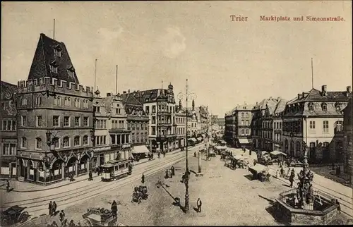 Ak Trier in Rheinland Pfalz, Hauptmarkt mit Blick in die Simeonstraße, Brunnen