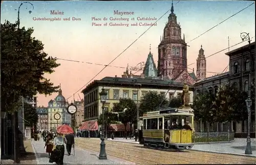 Ak Mainz am Rhein, Gutenbergplatz und Dom, Straßenbahn 38