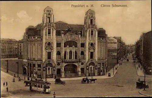 Ak Frankfurt am Main, Circus Schumann, Außenansicht, Straßenbahn, Kutsche, Auto