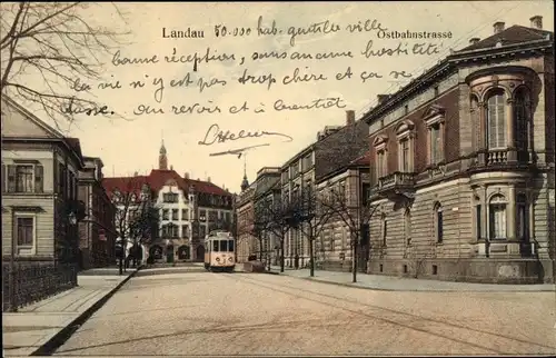 Ak Landau in der Pfalz, Ostbahnstrasse, Straßenbahn, Kirchturm