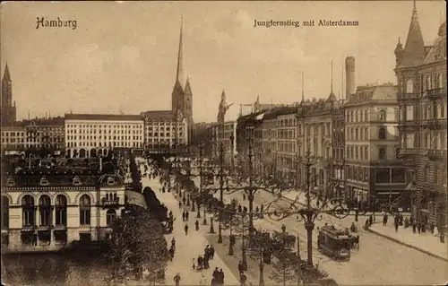 Ak Hamburg Mitte Neustadt, Jungfernstieg, Alsterdamm, Straßenbahn, Kirchturm, Passanten