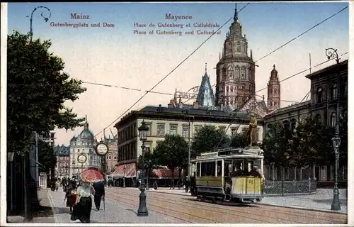 Ak Mainz am Rhein, Gutenbergplatz und Dom, Straßenbahn 38