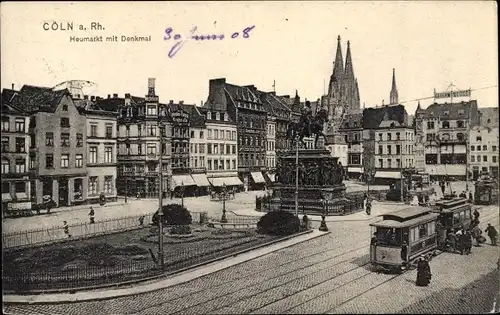 Ak Köln am Rhein, Heumarkt mit Denkmal, Kölner Dom, Straßenbahn, Beete