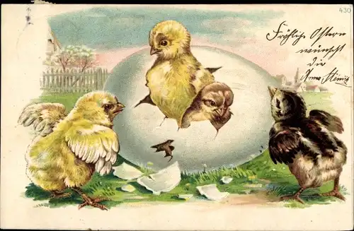 Litho Glückwunsch Ostern, Küken schlüpfen aus dem Ei