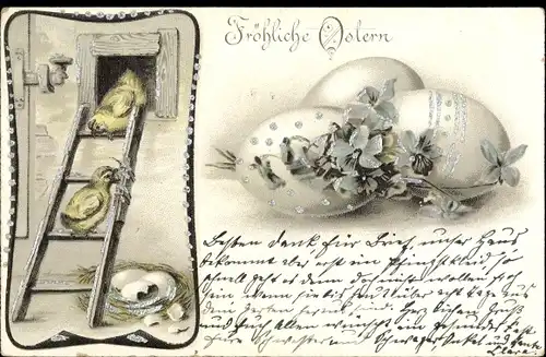 Litho Glückwunsch Ostern, Küken, Leiter, Nest mit Ostereiern, Blumen