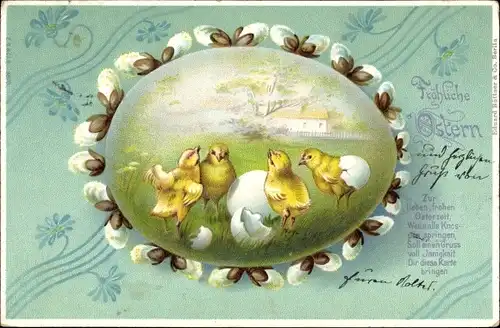 Passepartout Litho Glückwunsch Ostern, Küken, Weidenkätzchen, Osterei