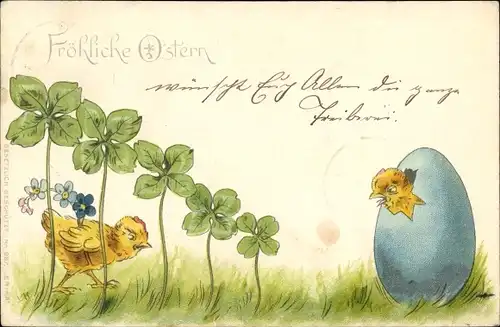 Litho Glückwunsch Ostern, Küken, Osterei, Glücksklee