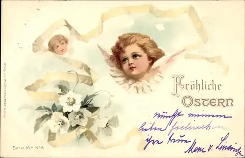 Litho Glückwunsch Ostern, Kind-Portrait, Blumenstrauß