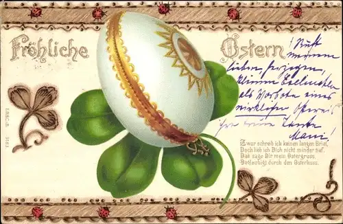 Litho Fröhliche Ostern, Osterei, Kleeblatt, Marienkäfer