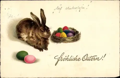 Ak Glückwunsch Ostern, Hase, Nest mit bemalten Ostereiern