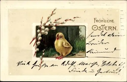Präge Ak Glückwunsch Ostern, Küken, Weidenkätzchen