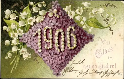 Ak Glückwunsch Neujahr, Jahreszahl 1905, lila Veilchenblüten, Maiglöckchen