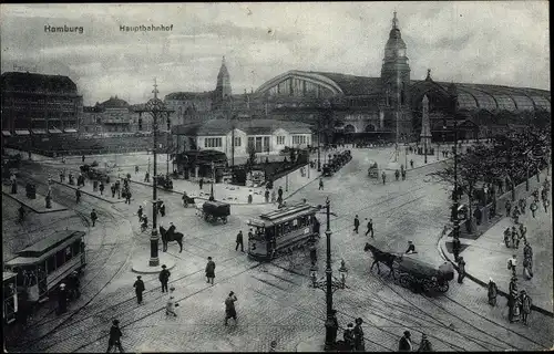 Ak Hamburg Mitte Sankt Georg, Hauptbahnhof, Luftaufnahme, Straßenbahnen, Kutschen, Passanten