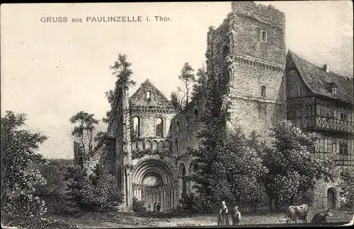 Künstler Ak Paulinzella Königsee in Thüringen, Die Klosterruine